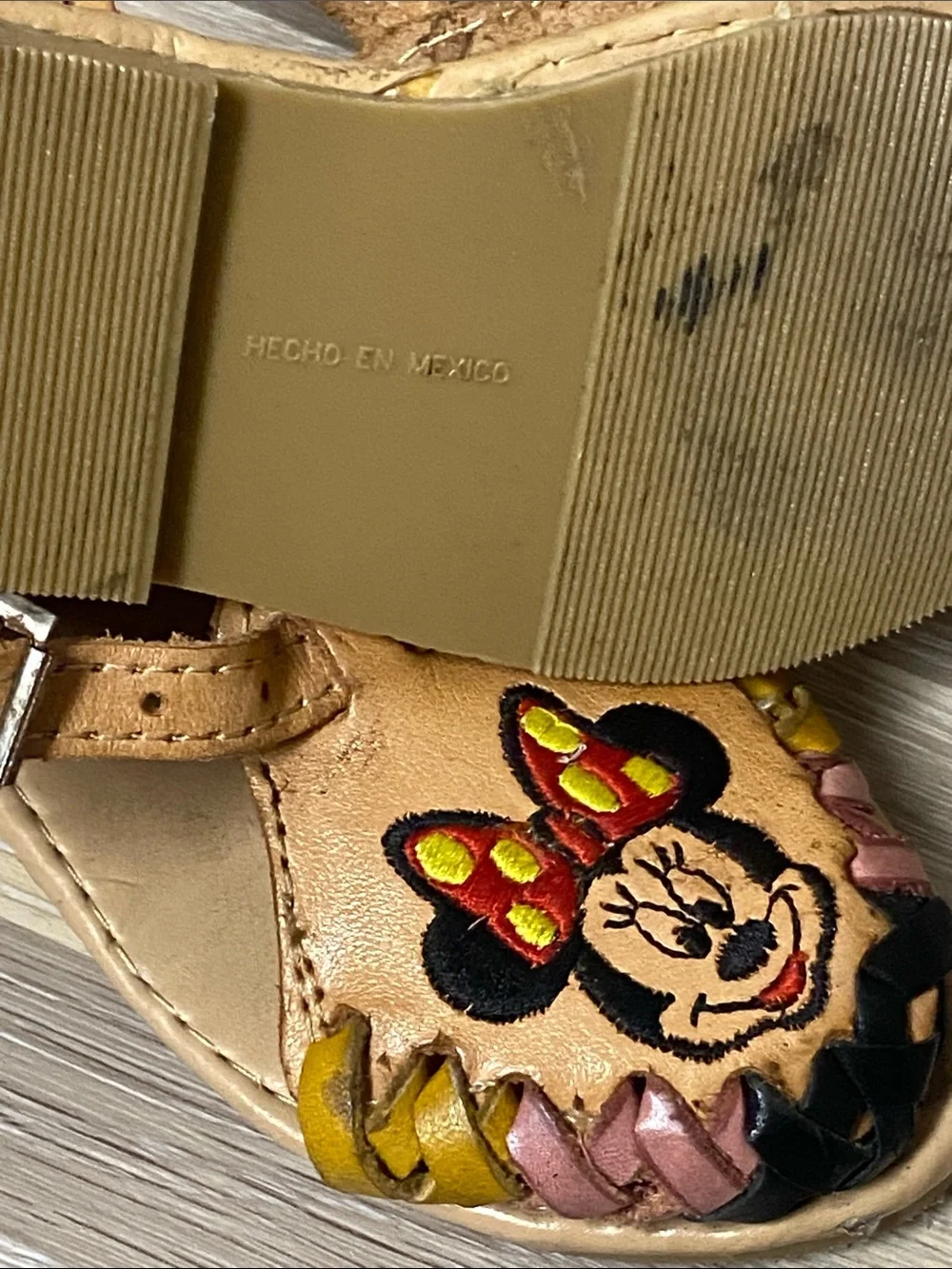 Disney Tan Minnie Mouse Leather T-Strap Sandals with Colorful Trim vintage